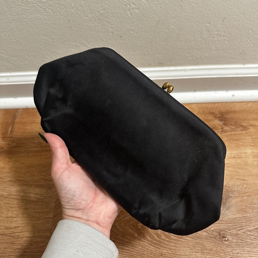 Magid | Vintage‎ Black Satin Clutch Rhinestone Kiss Lock Gold Frame Bag Purse